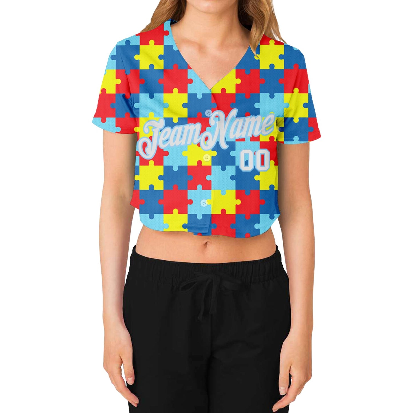 Custom Women's Autism Supporter Awareness Puzzle Pieces White-Light Blue 3D V-Neck Cropped Baseball Jersey view 2