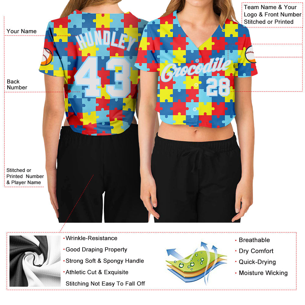 Custom Women's Autism Supporter Awareness Puzzle Pieces White-Light Blue 3D V-Neck Cropped Baseball Jersey view 3