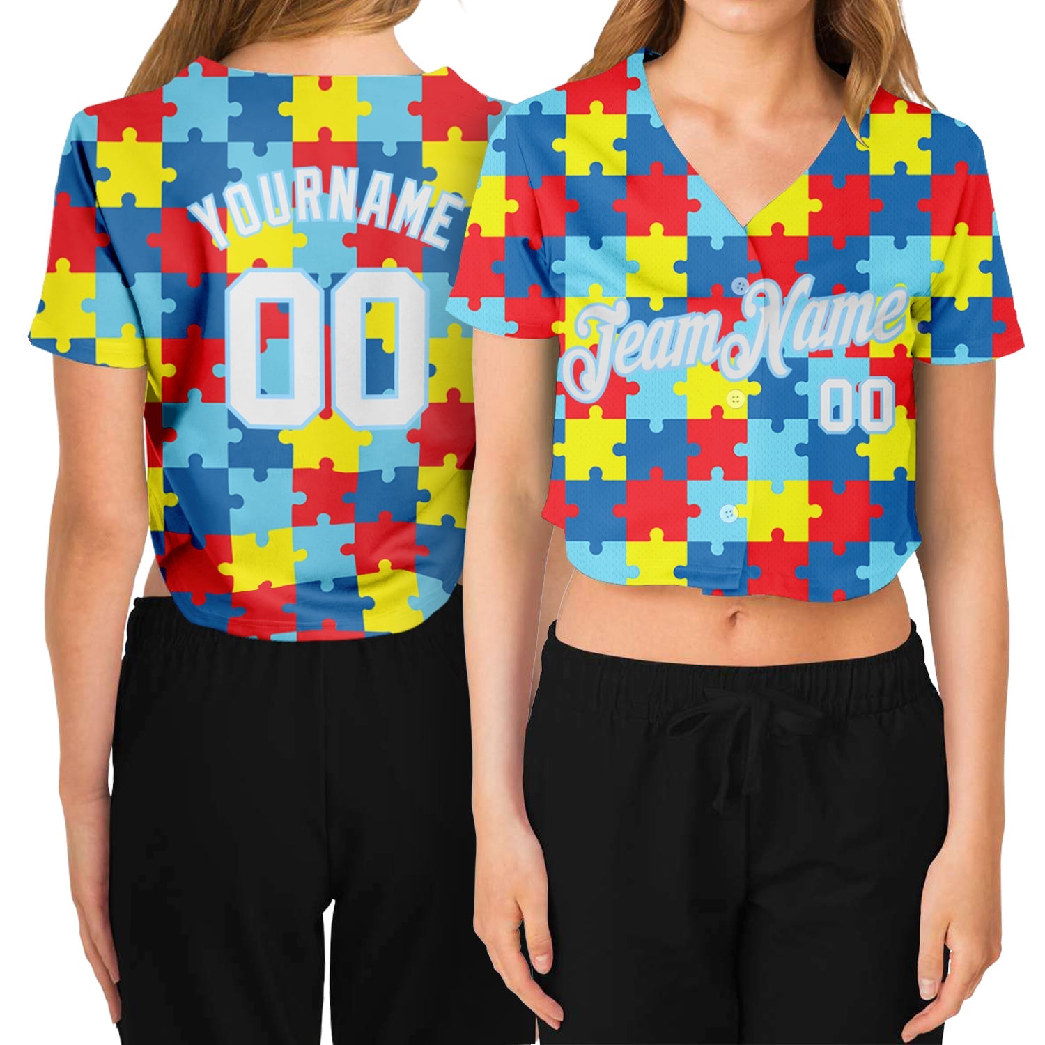 Custom Women's Autism Supporter Awareness Puzzle Pieces White-Light Blue 3D V-Neck Cropped Baseball Jersey - Main View