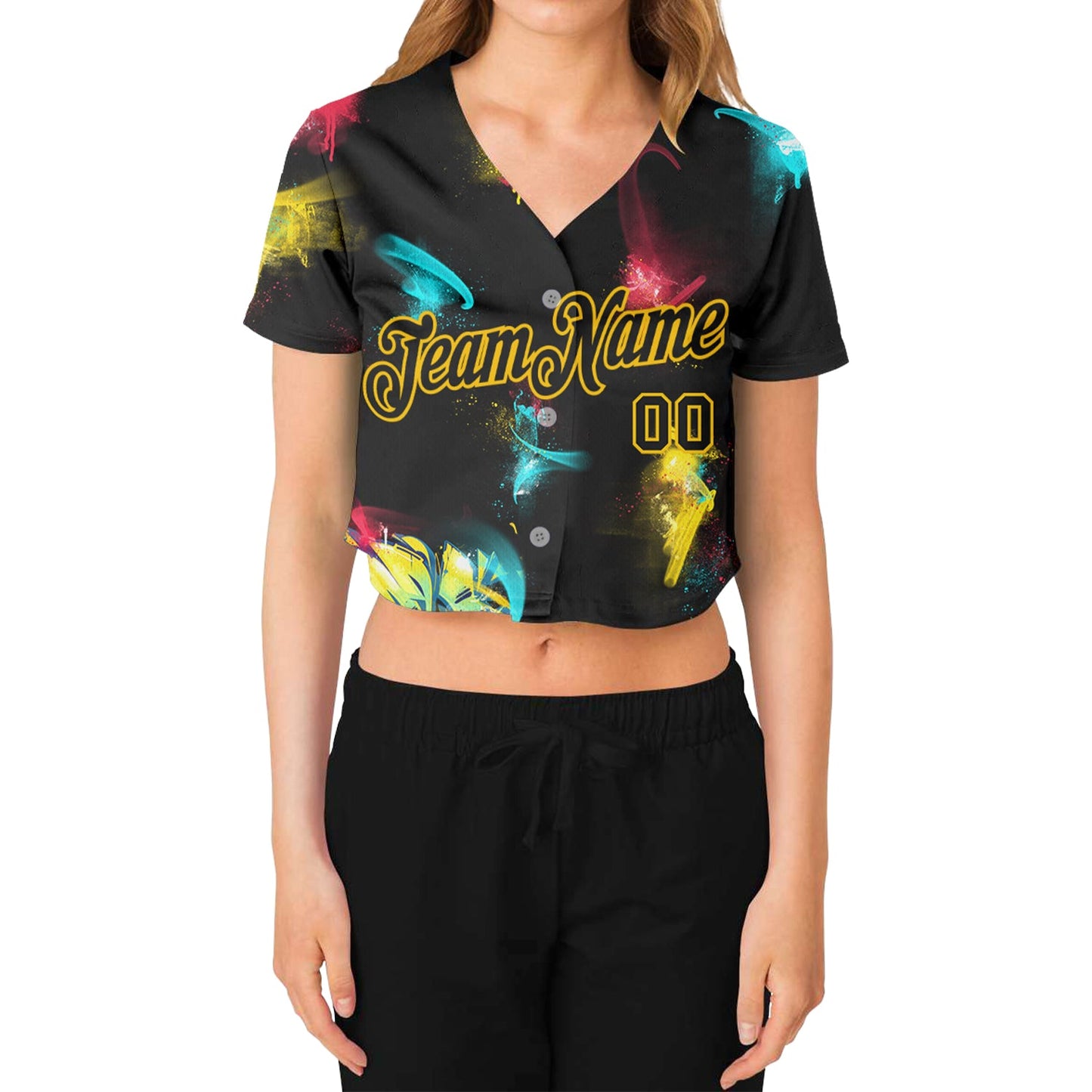 Custom Women's Graffiti Pattern Black-Gold 3D V-Neck Cropped Baseball Jersey view 2