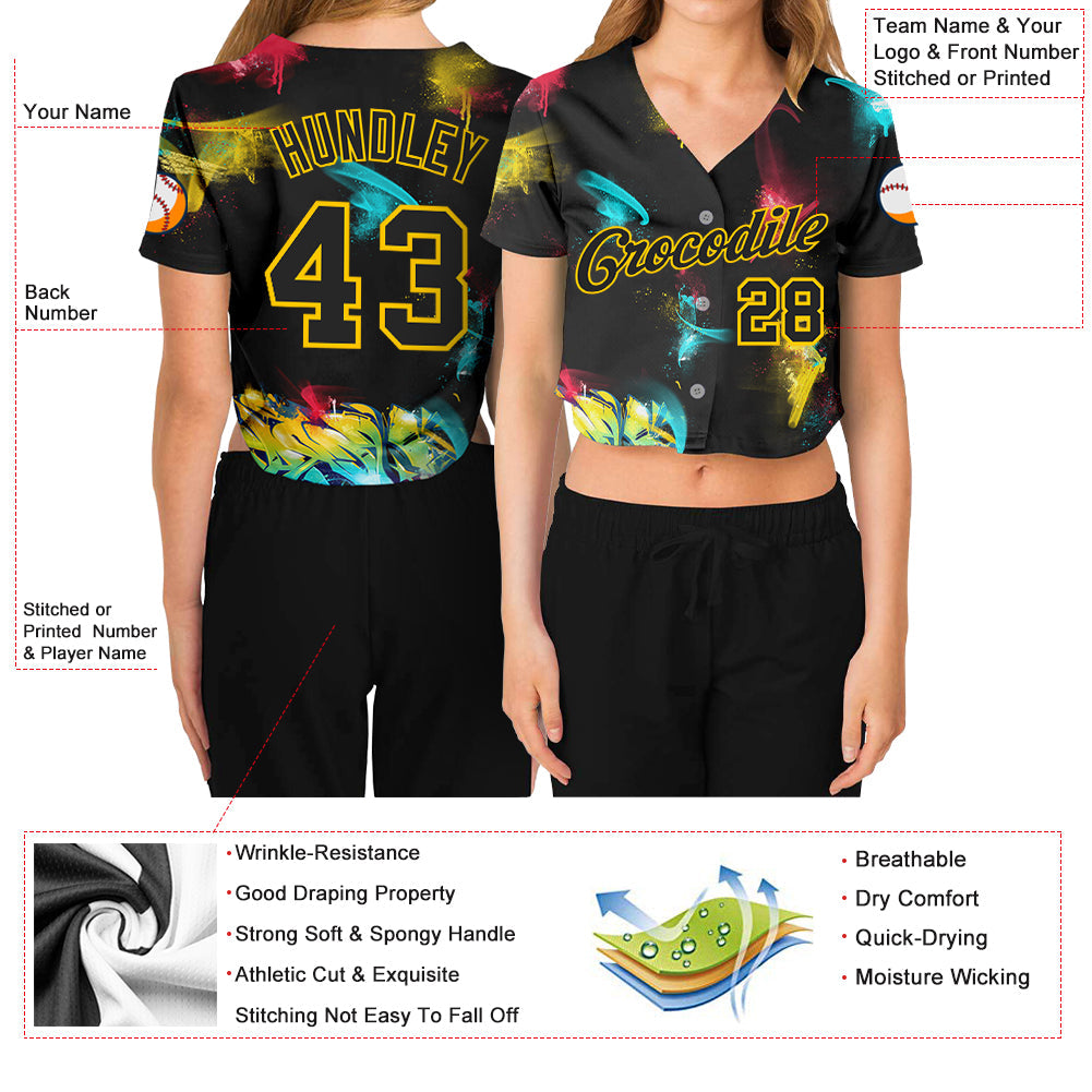 Custom Women's Graffiti Pattern Black-Gold 3D V-Neck Cropped Baseball Jersey view 3