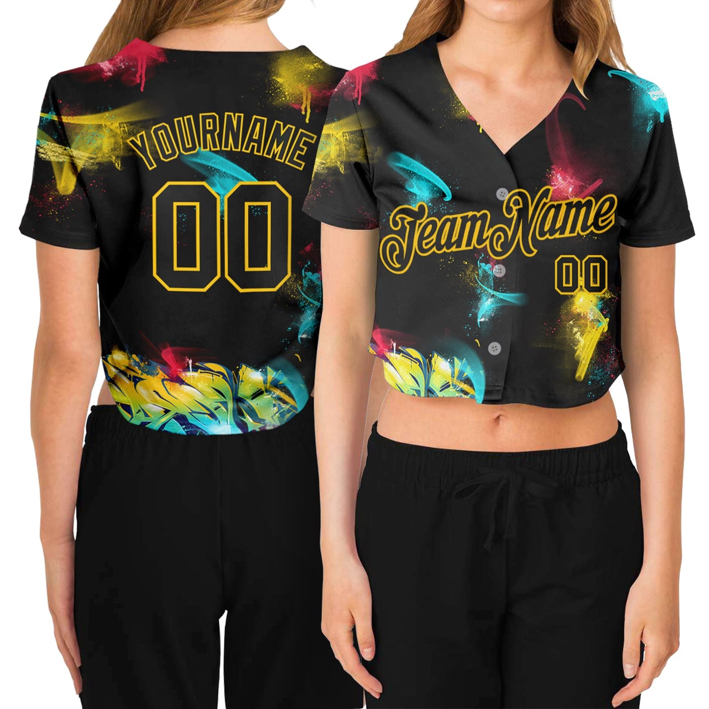 Custom Women's Graffiti Pattern Black-Gold 3D V-Neck Cropped Baseball Jersey - Main View