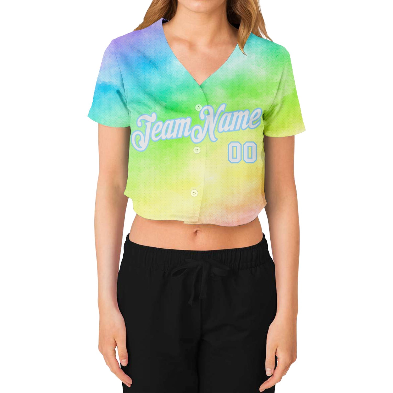 Custom Women's Tie Dye White-Light Blue Rainbow 3D V-Neck Cropped Baseball Jersey view 2