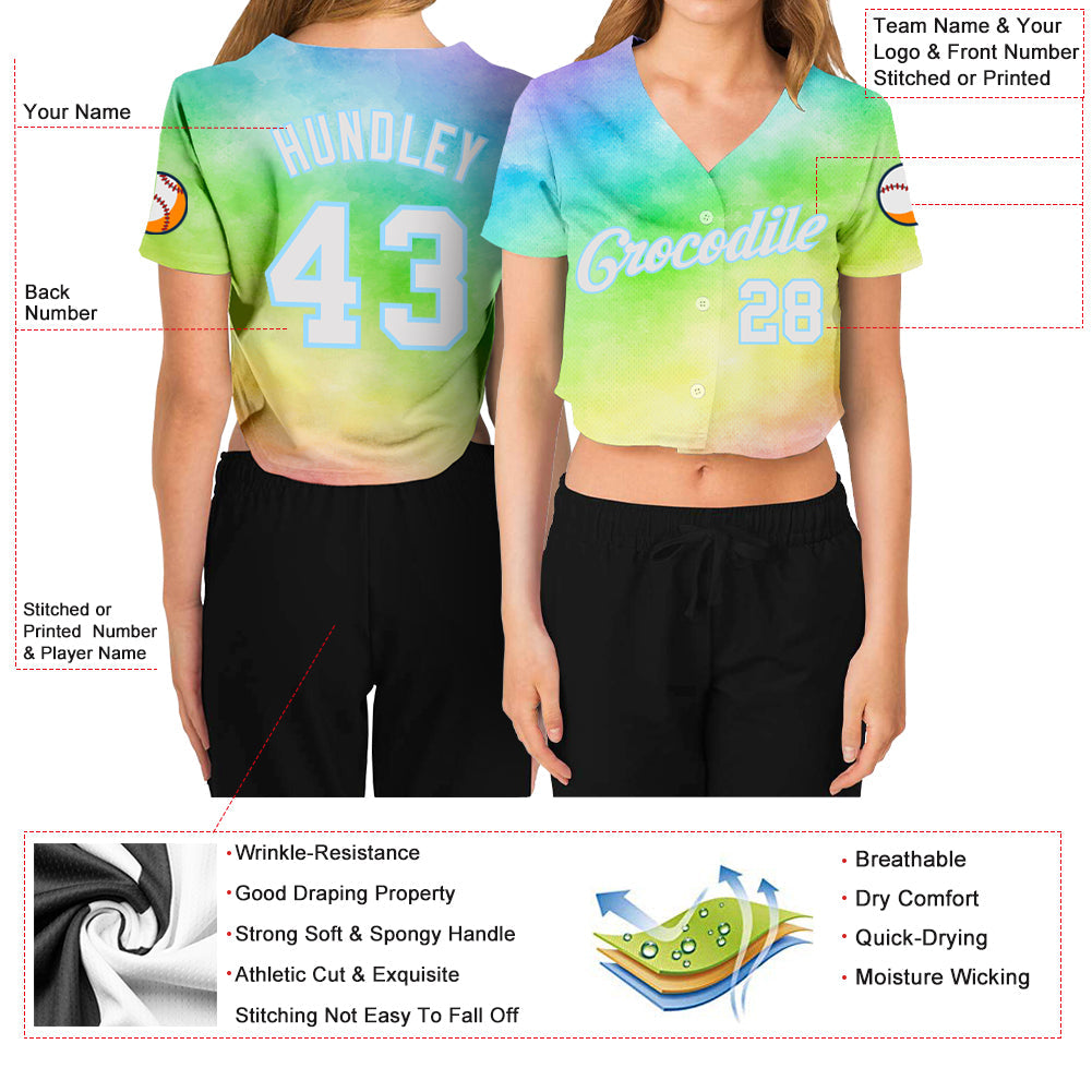 Custom Women's Tie Dye White-Light Blue Rainbow 3D V-Neck Cropped Baseball Jersey view 3