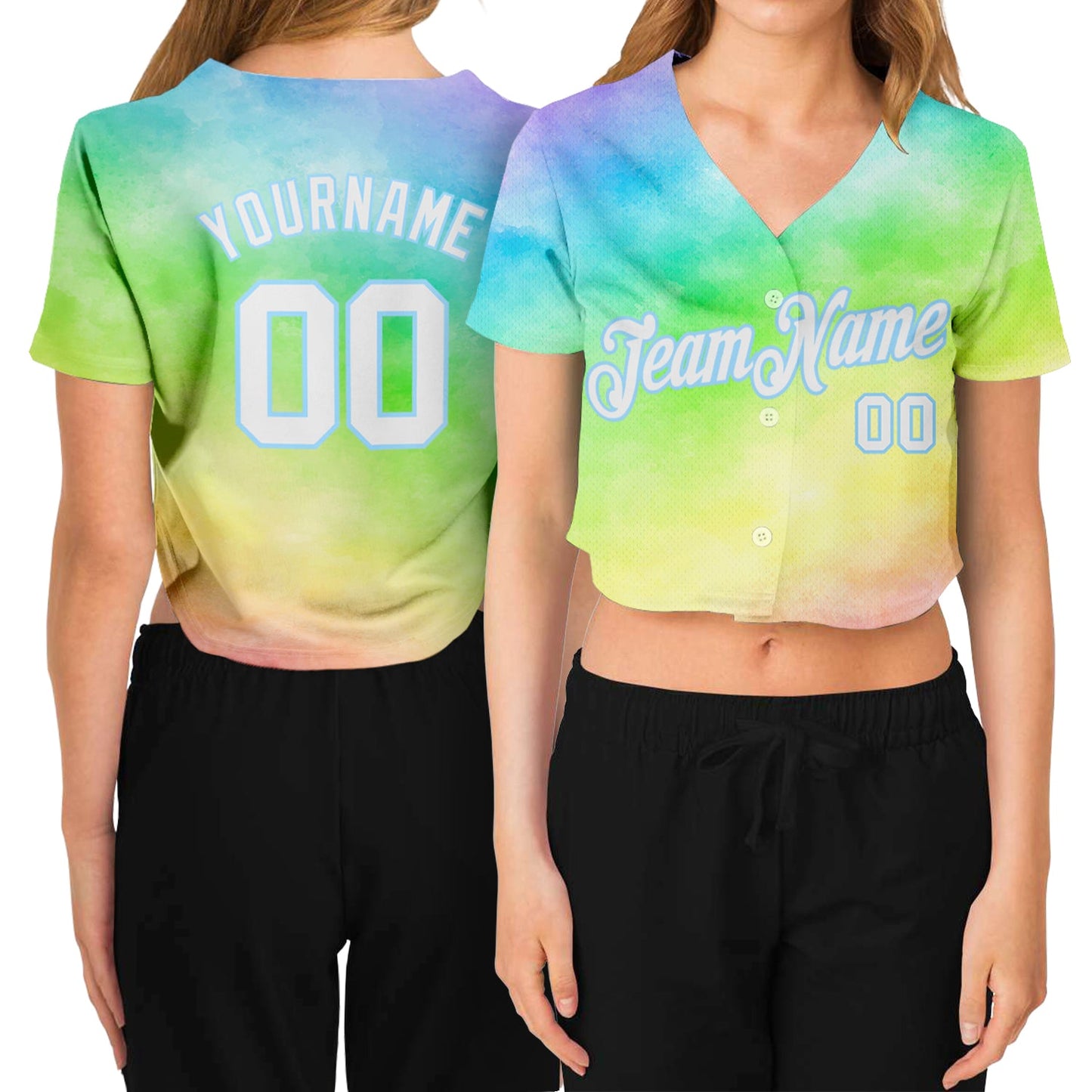 Custom Women's Tie Dye White-Light Blue Rainbow 3D V-Neck Cropped Baseball Jersey - Main View
