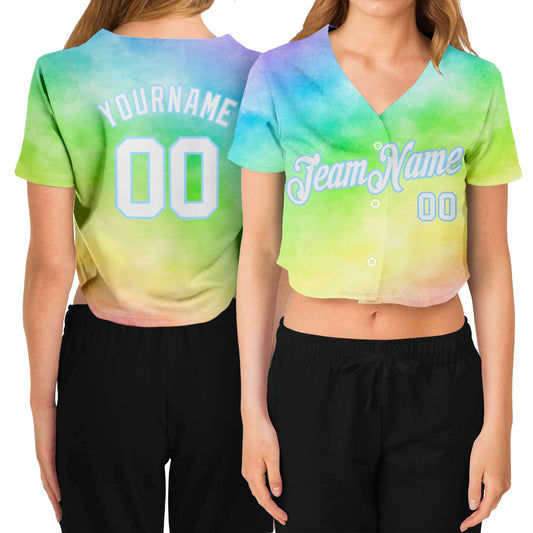 Custom Women's Tie Dye White-Light Blue Rainbow 3D V-Neck Cropped Baseball Jersey - Main View