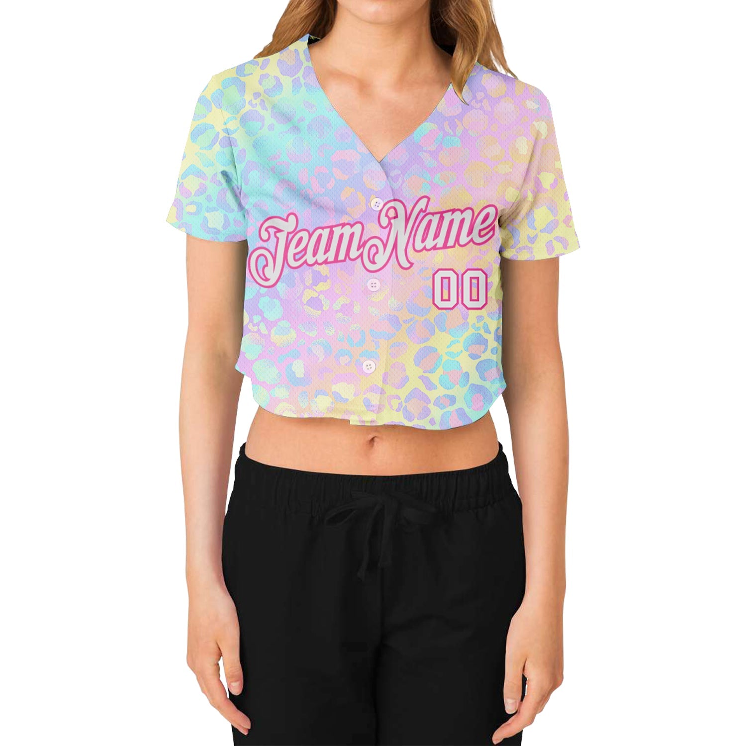 Custom Women's Pink White Leopard 3D V-Neck Cropped Baseball Jersey view 2