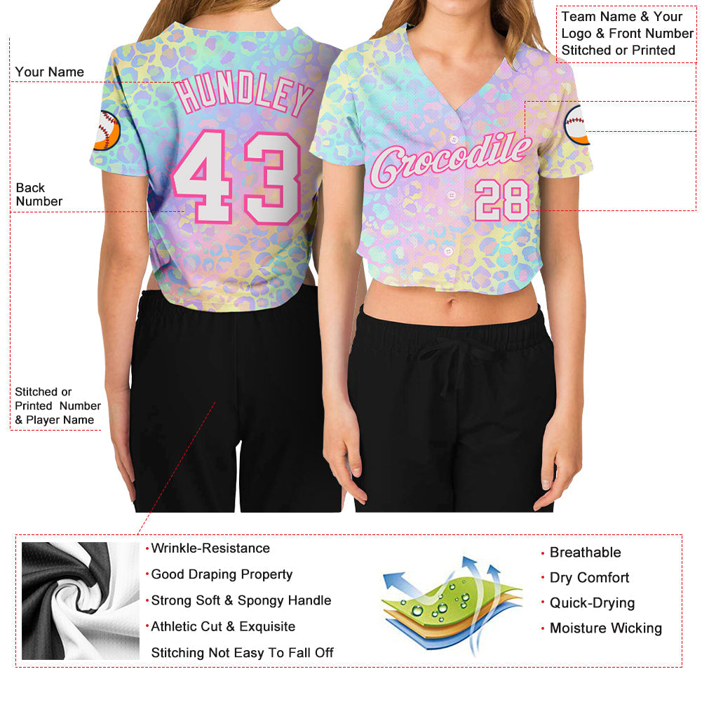 Custom Women's Pink White Leopard 3D V-Neck Cropped Baseball Jersey view 3