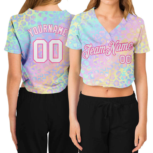Custom Women's Pink White Leopard 3D V-Neck Cropped Baseball Jersey - Main View