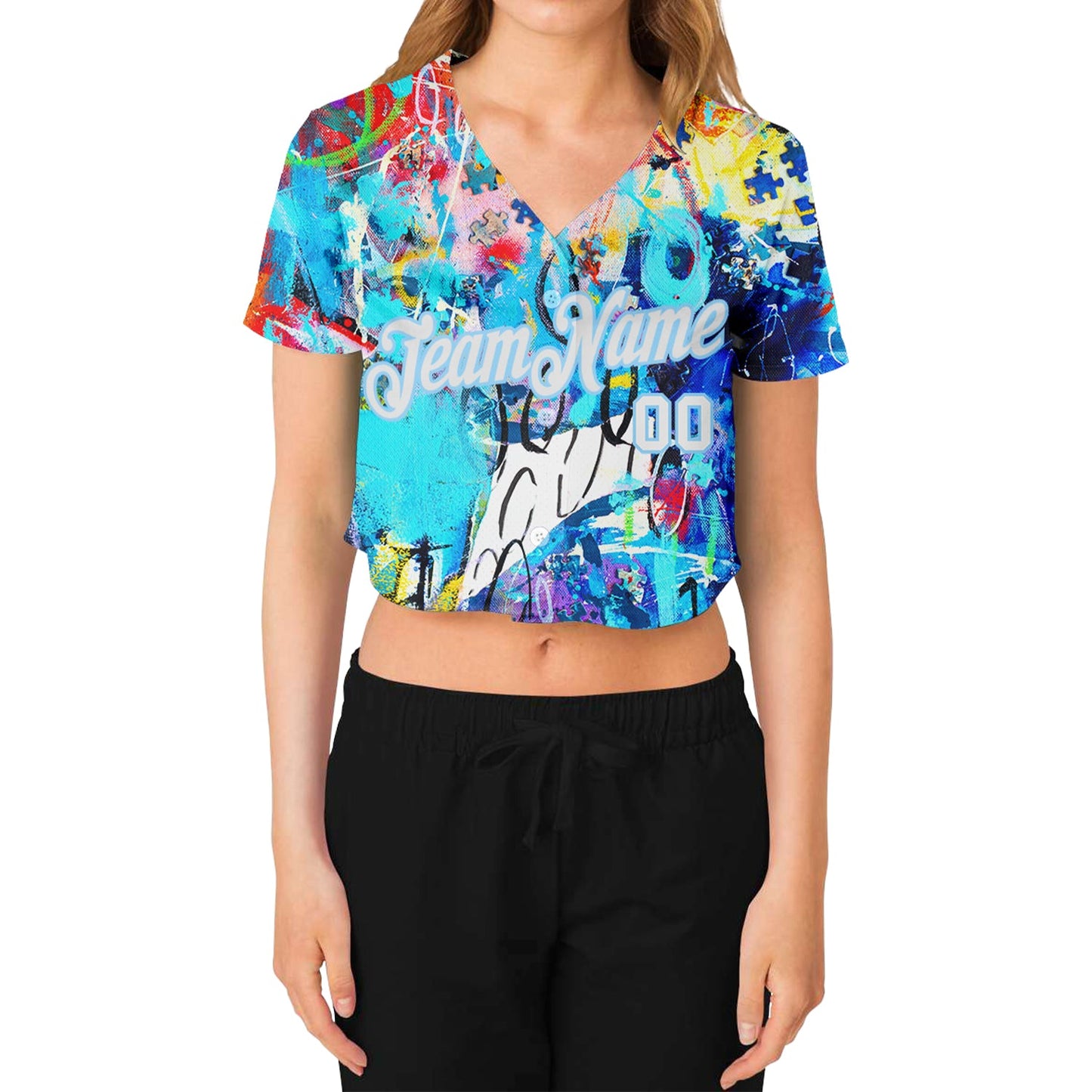 Custom Women's Graffiti Pattern White-Light Blue Multi Colored Mixed Media Art 3D V-Neck Cropped Baseball Jersey view 2