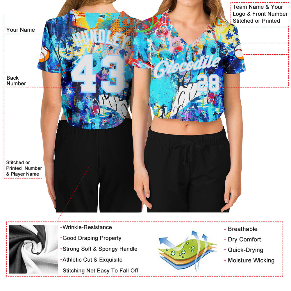 Custom Women's Graffiti Pattern White-Light Blue Multi Colored Mixed Media Art 3D V-Neck Cropped Baseball Jersey view 3