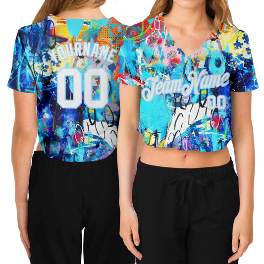 Custom Women's Graffiti Pattern White-Light Blue Multi Colored Mixed Media Art 3D V-Neck Cropped Baseball Jersey - Main View