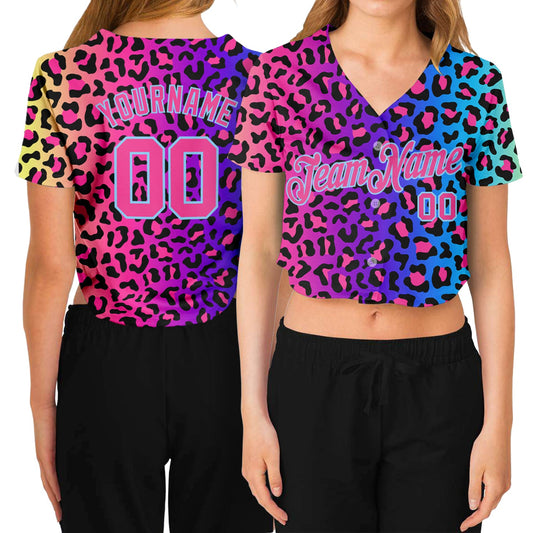 Custom Women's Purple Pink-Light Blue Leopard 3D V-Neck Cropped Baseball Jersey - Main View