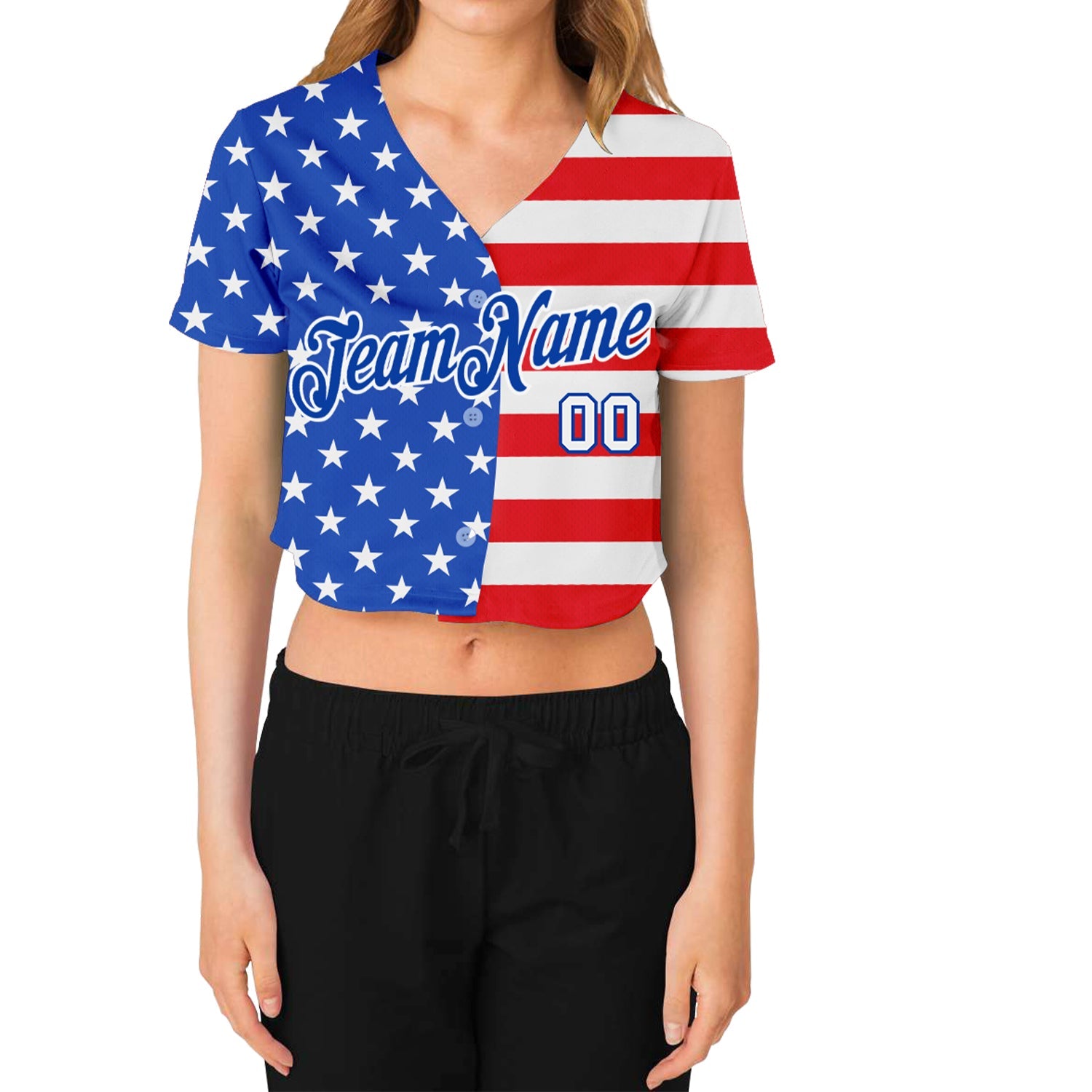 Custom Women's Royal White-Red American Flag Fashion 3D V-Neck Cropped Baseball Jersey view 2
