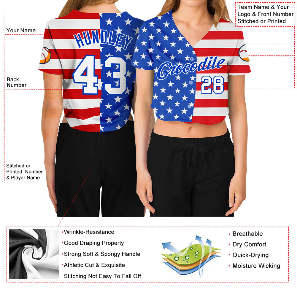 Custom Women's Royal White-Red American Flag Fashion 3D V-Neck Cropped Baseball Jersey view 3