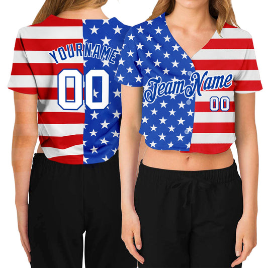 Custom Women's Royal White-Red American Flag Fashion 3D V-Neck Cropped Baseball Jersey - Main View