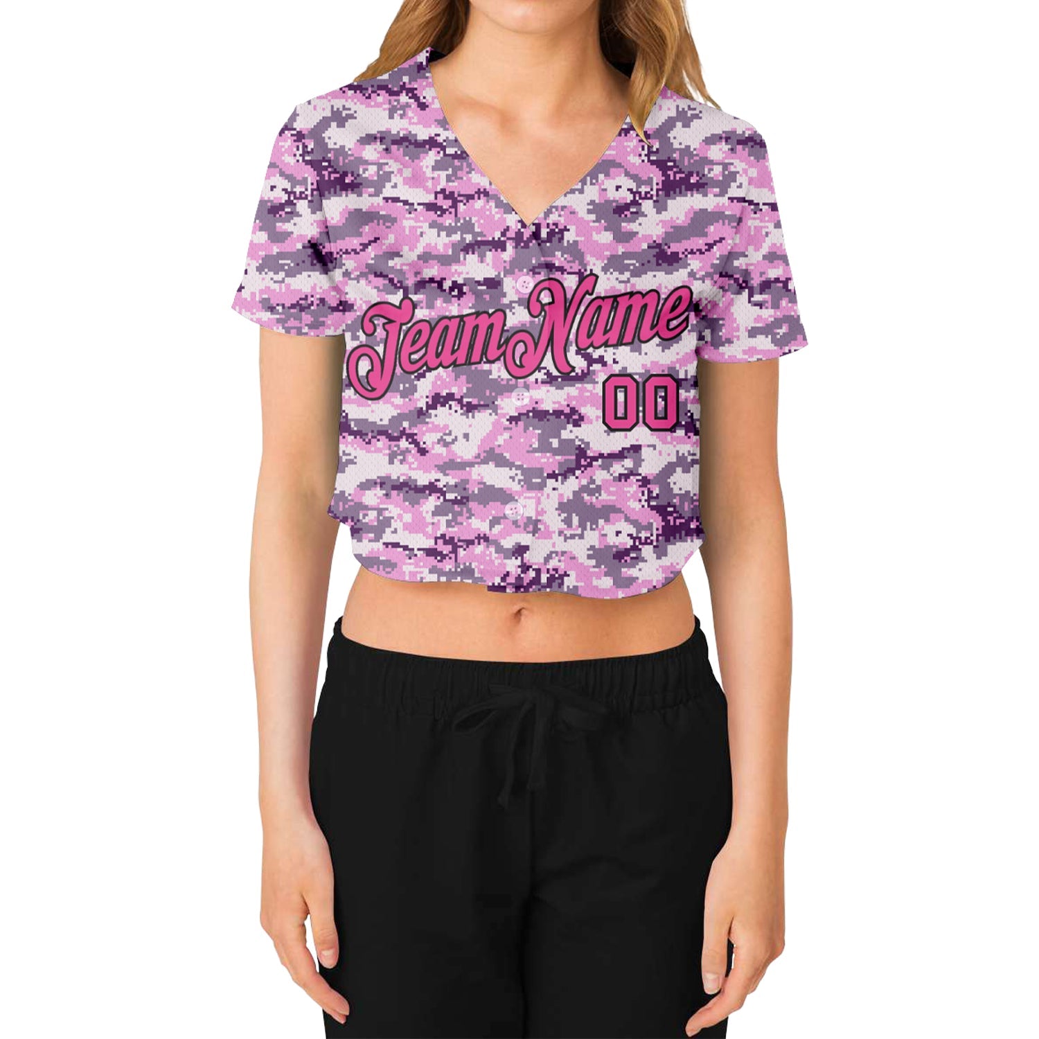 Custom Women's Camo Pink-Black Salute To Service 3D V-Neck Cropped Baseball Jersey view 2