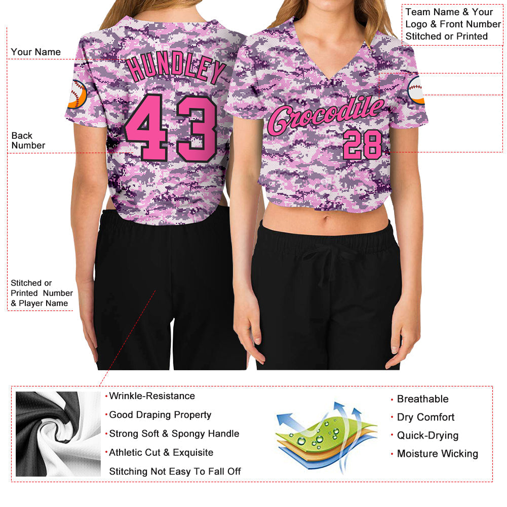 Custom Women's Camo Pink-Black Salute To Service 3D V-Neck Cropped Baseball Jersey view 3