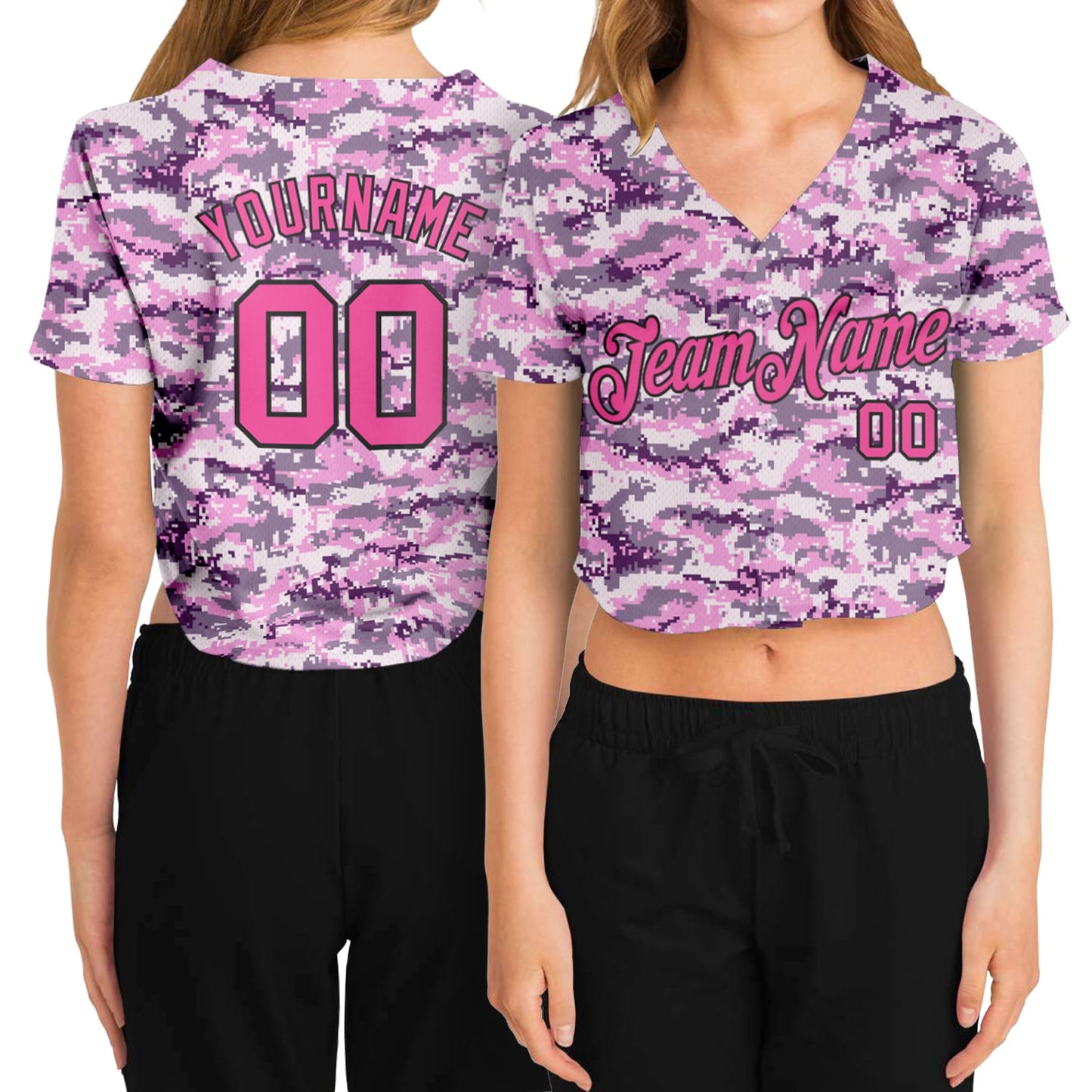 Custom Women's Camo Pink-Black Salute To Service 3D V-Neck Cropped Baseball Jersey - Main View