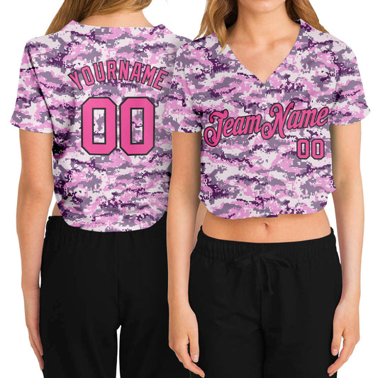 Custom Women's Camo Pink-Black Salute To Service 3D V-Neck Cropped Baseball Jersey - Main View