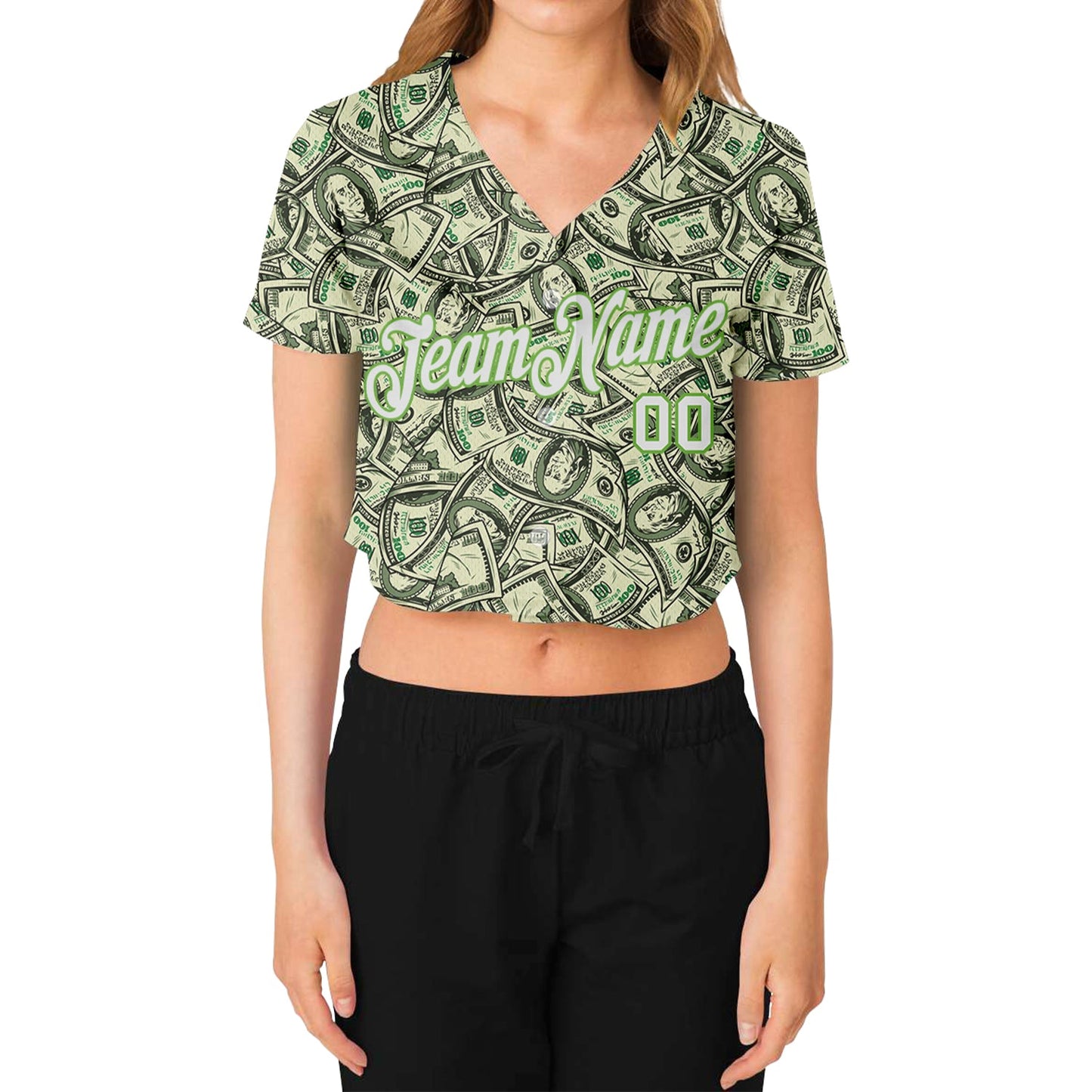 Custom Women's Green White-Neon Green Dollar 3D V-Neck Cropped Baseball Jersey view 2