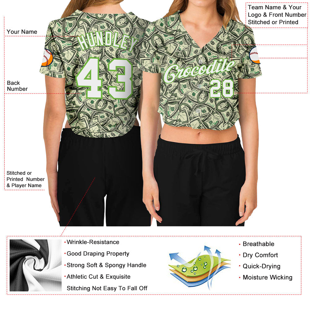 Custom Women's Green White-Neon Green Dollar 3D V-Neck Cropped Baseball Jersey view 3