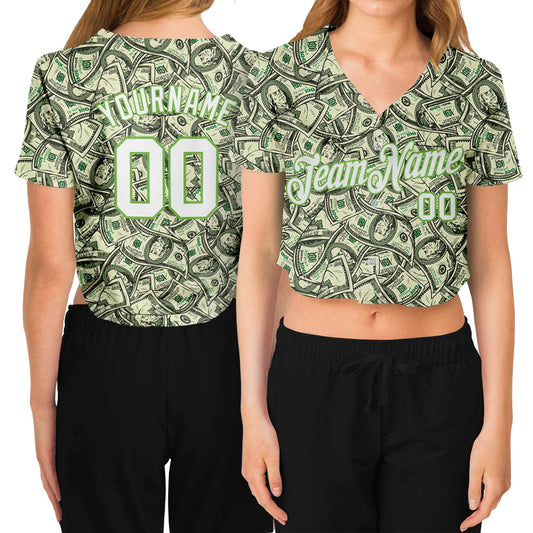 Custom Women's Green White-Neon Green Dollar 3D V-Neck Cropped Baseball Jersey - Main View