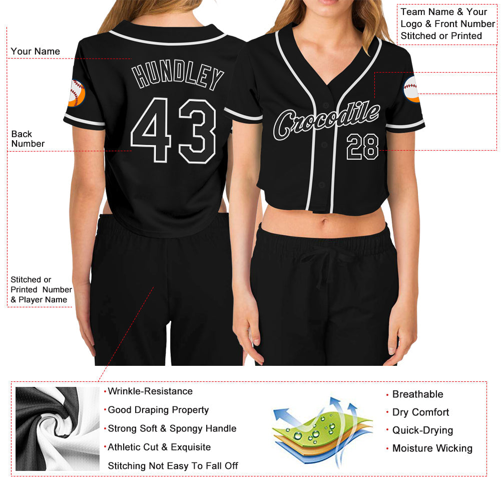 Custom Women's Black Black-White V-Neck Cropped Baseball Jersey view 3
