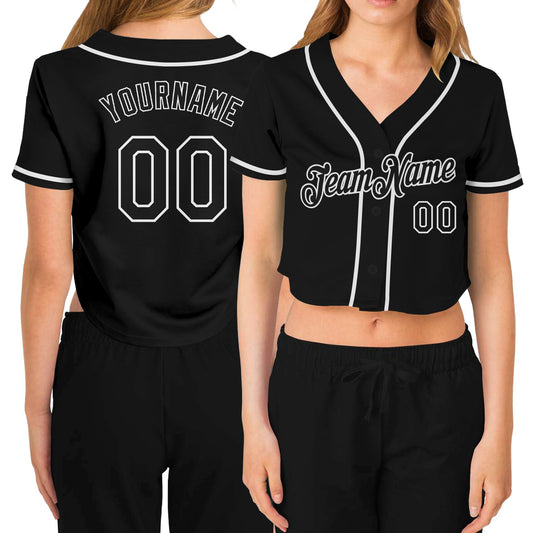 Custom Women's Black Black-White V-Neck Cropped Baseball Jersey - Main View