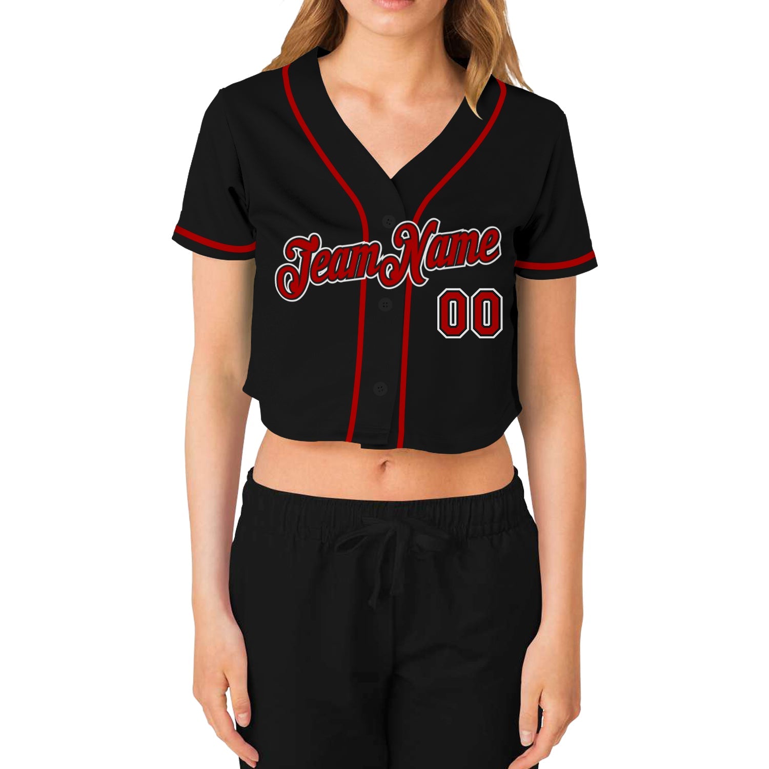 Custom Women's Black Red-White V-Neck Cropped Baseball Jersey view 2