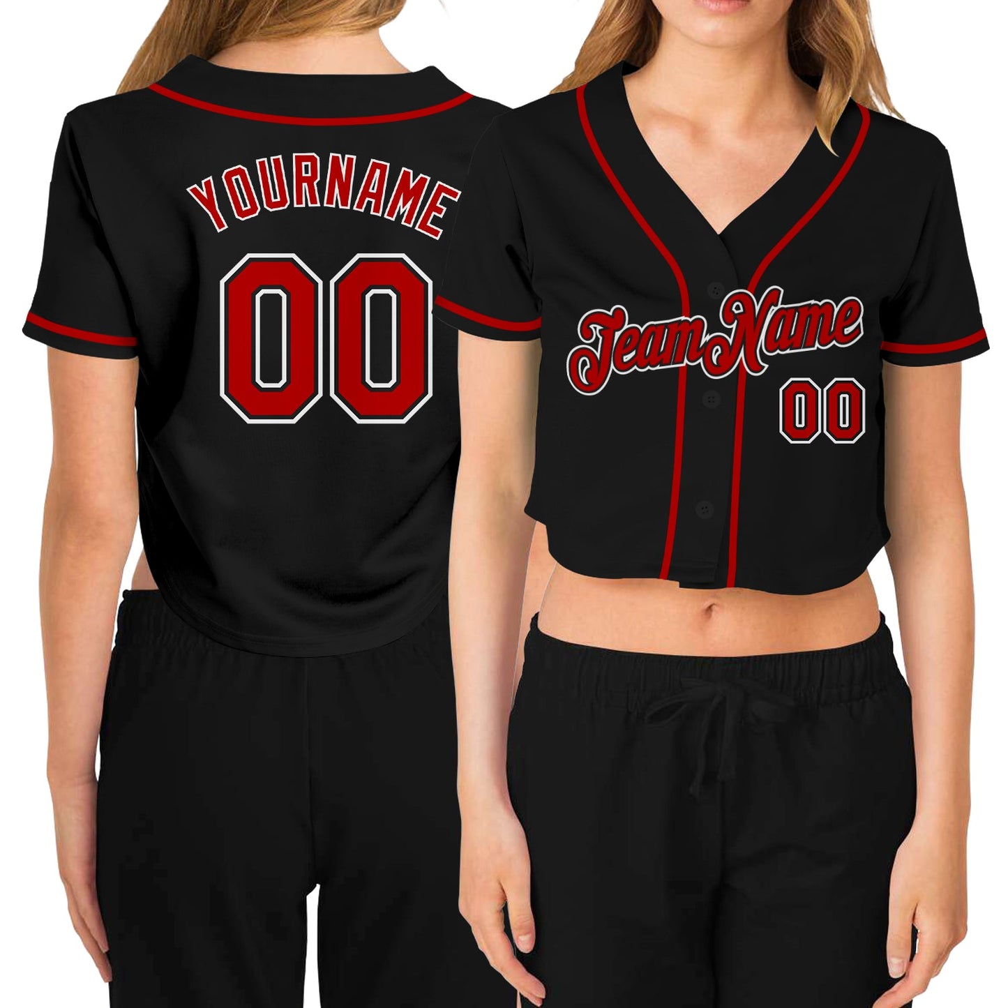 Custom Women's Black Red-White V-Neck Cropped Baseball Jersey - Main View
