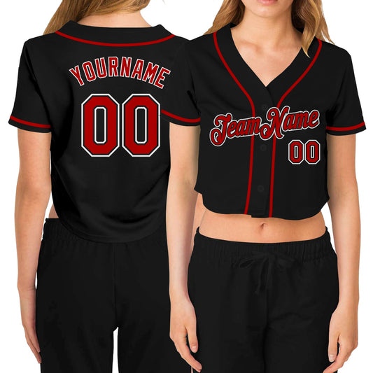 Custom Women's Black Red-White V-Neck Cropped Baseball Jersey - Main View