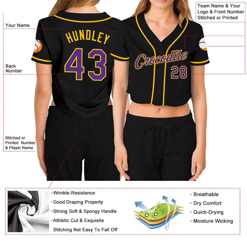 Custom Women's Black Purple-Gold V-Neck Cropped Baseball Jersey view 3