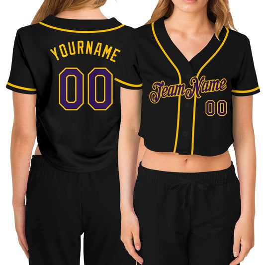 Custom Women's Black Purple-Gold V-Neck Cropped Baseball Jersey - Main View