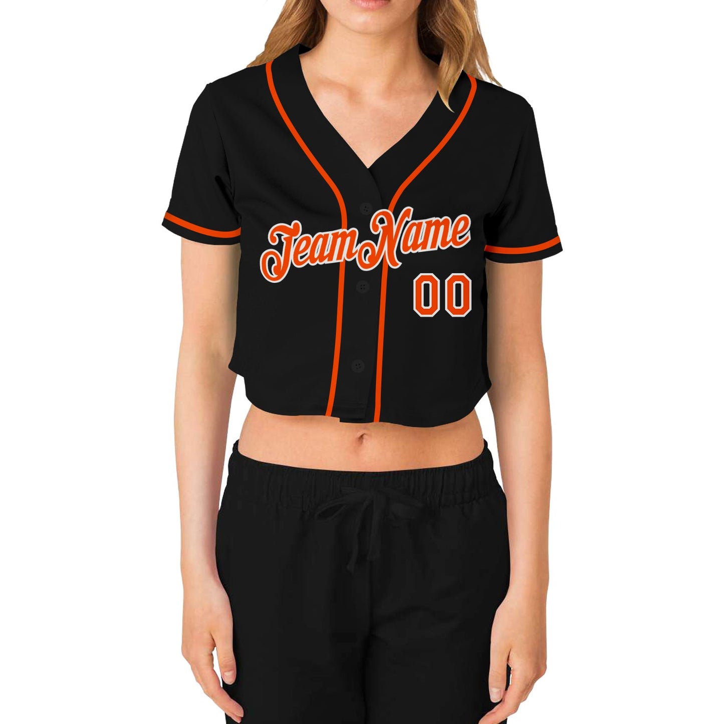 Custom Women's Black Orange-White V-Neck Cropped Baseball Jersey view 2