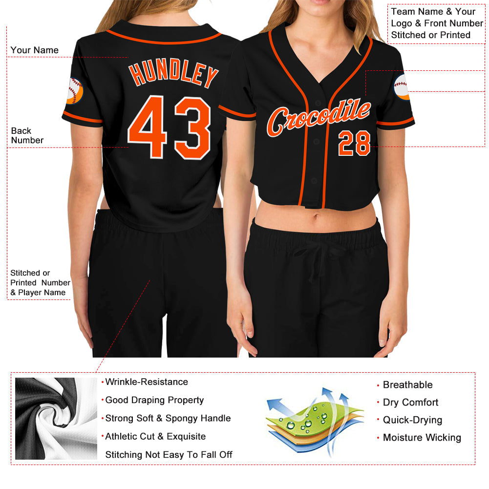 Custom Women's Black Orange-White V-Neck Cropped Baseball Jersey view 3