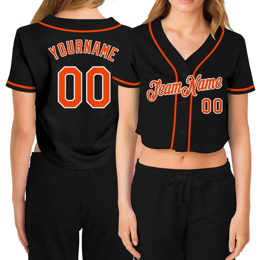 Custom Women's Black Orange-White V-Neck Cropped Baseball Jersey - Main View