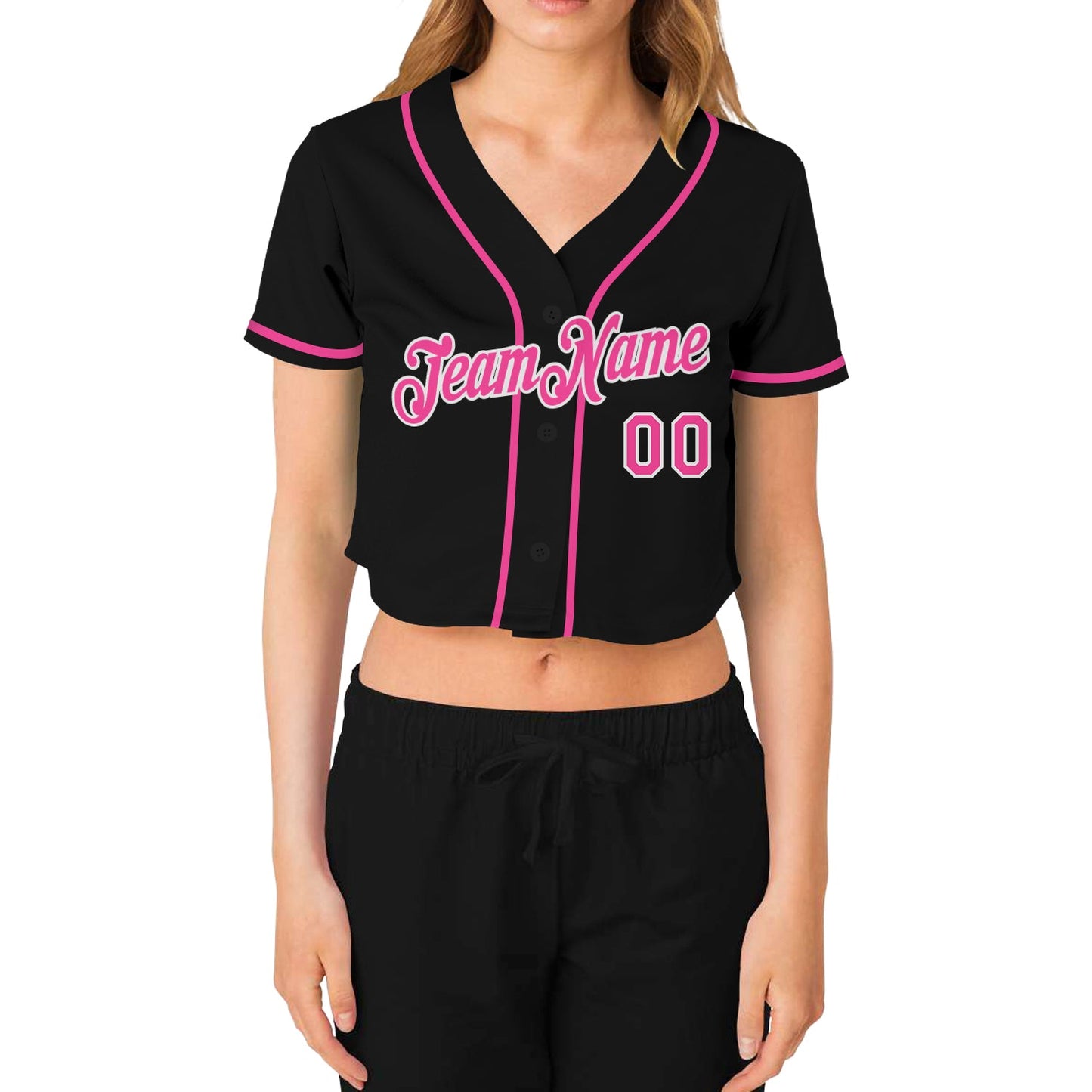 Custom Women's Black Pink-White V-Neck Cropped Baseball Jersey view 2