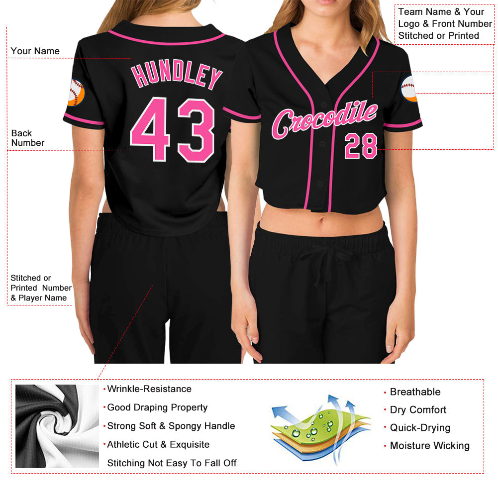 Custom Women's Black Pink-White V-Neck Cropped Baseball Jersey view 3
