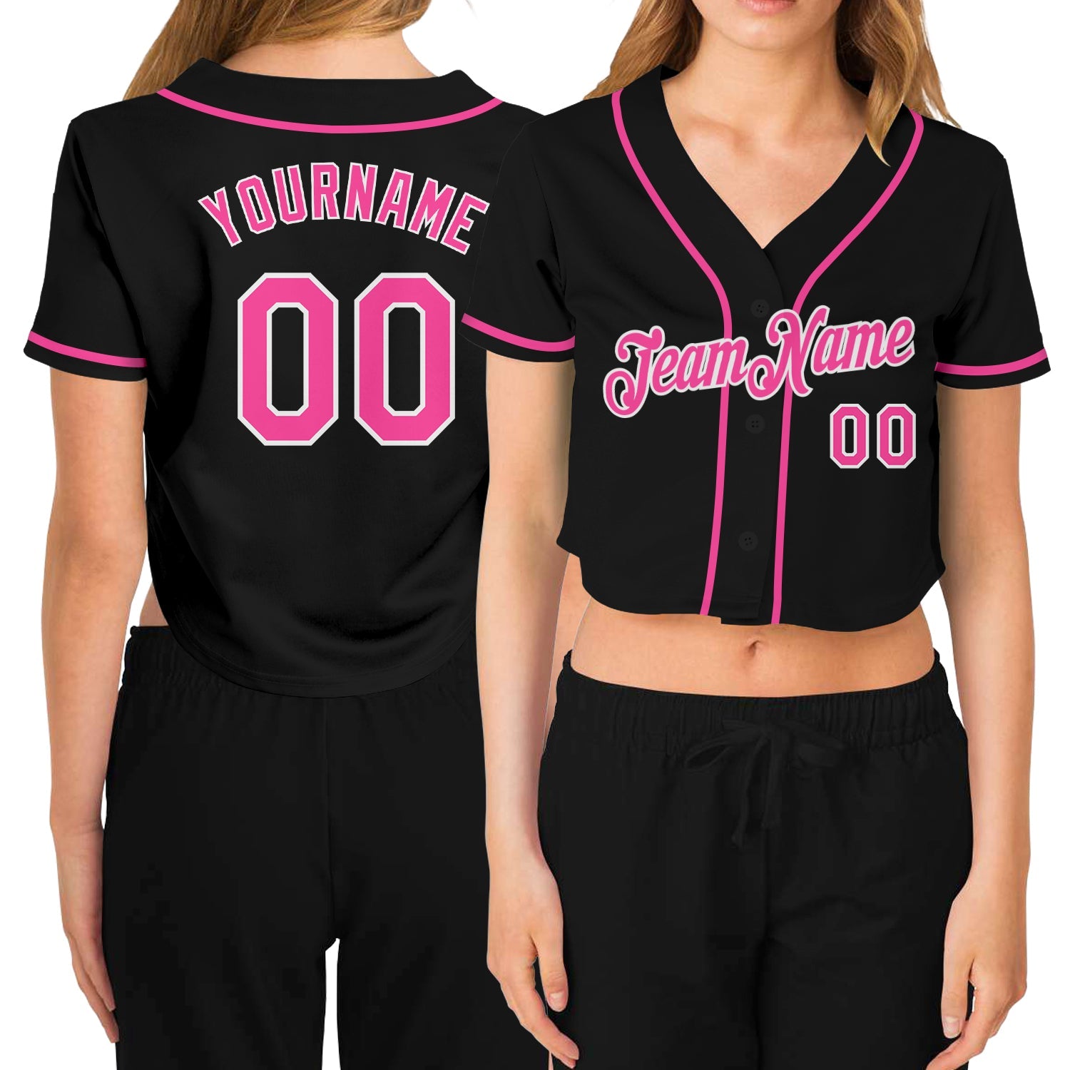 Custom Women's Black Pink-White V-Neck Cropped Baseball Jersey - Main View