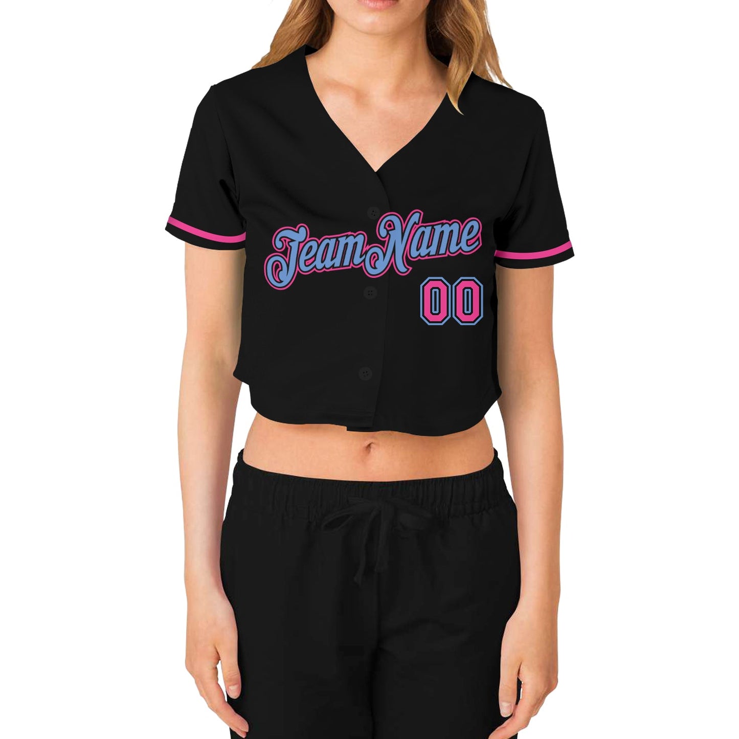Custom Women's Black Pink-Light Blue V-Neck Cropped Baseball Jersey view 3
