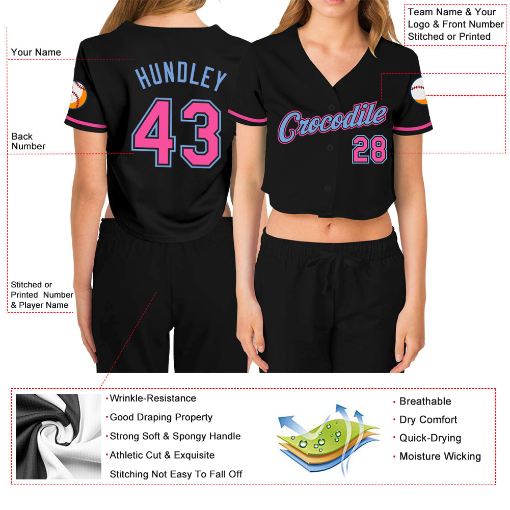 Custom Women's Black Pink-Light Blue V-Neck Cropped Baseball Jersey view 4