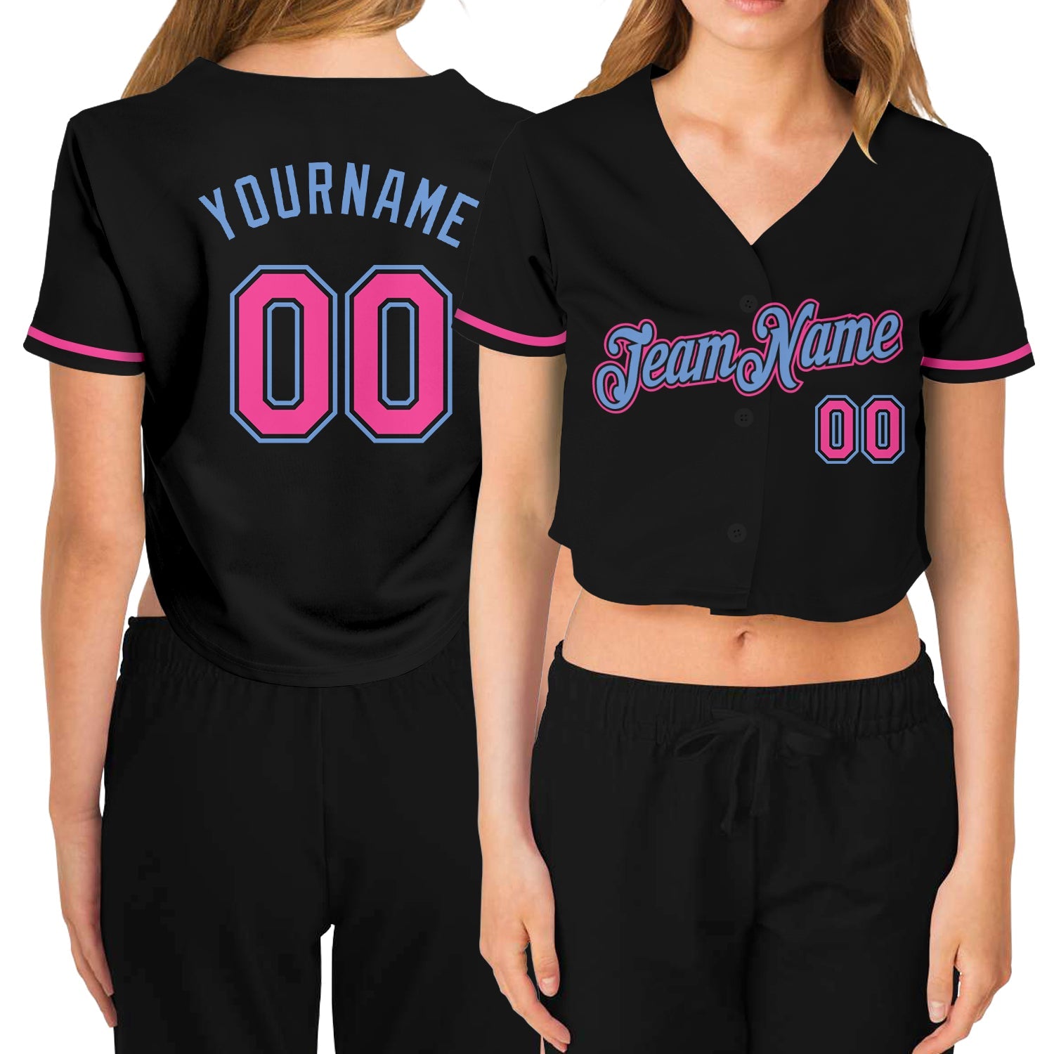 Custom Women's Black Pink-Light Blue V-Neck Cropped Baseball Jersey - Main View
