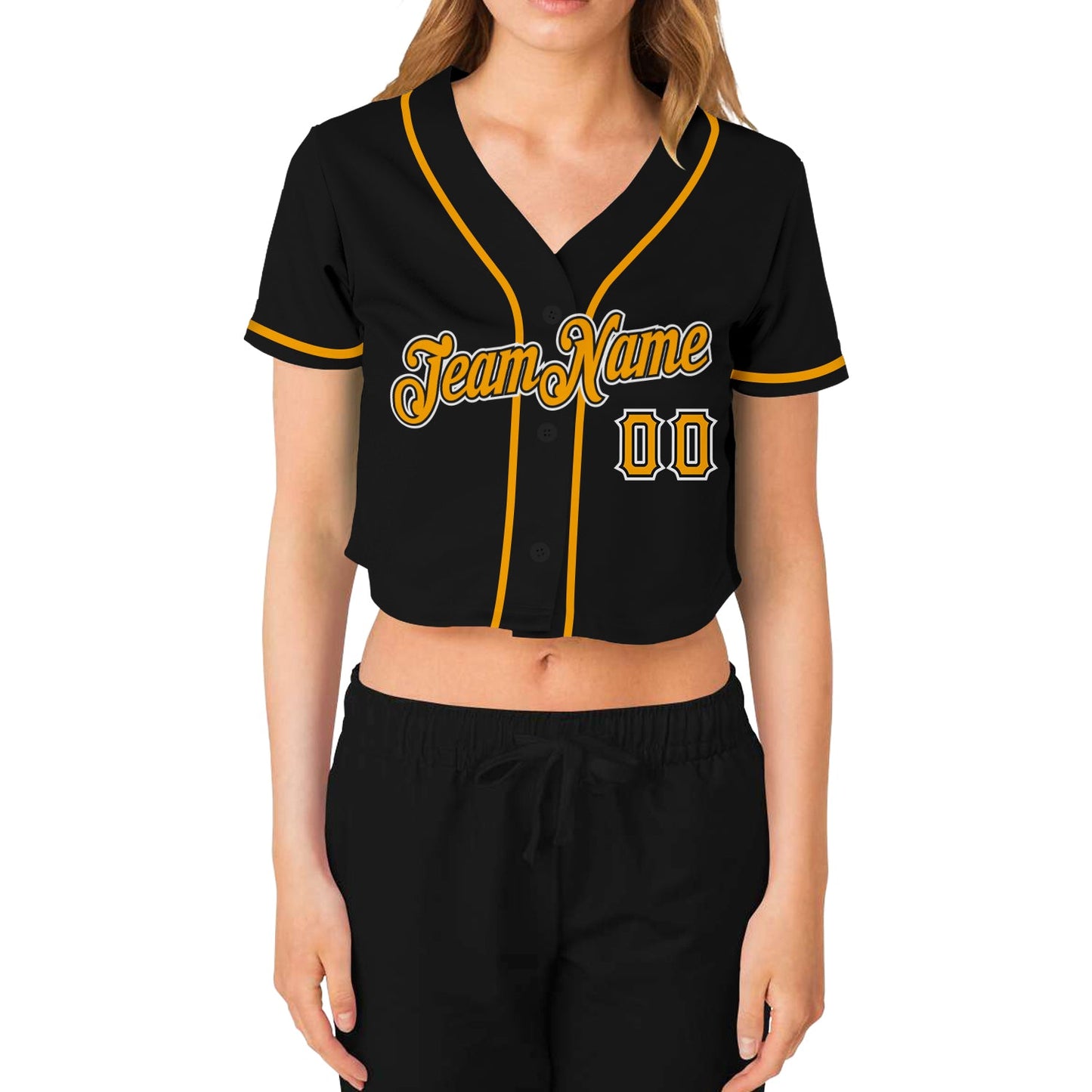 Custom Women's Black Gold-White V-Neck Cropped Baseball Jersey view 2