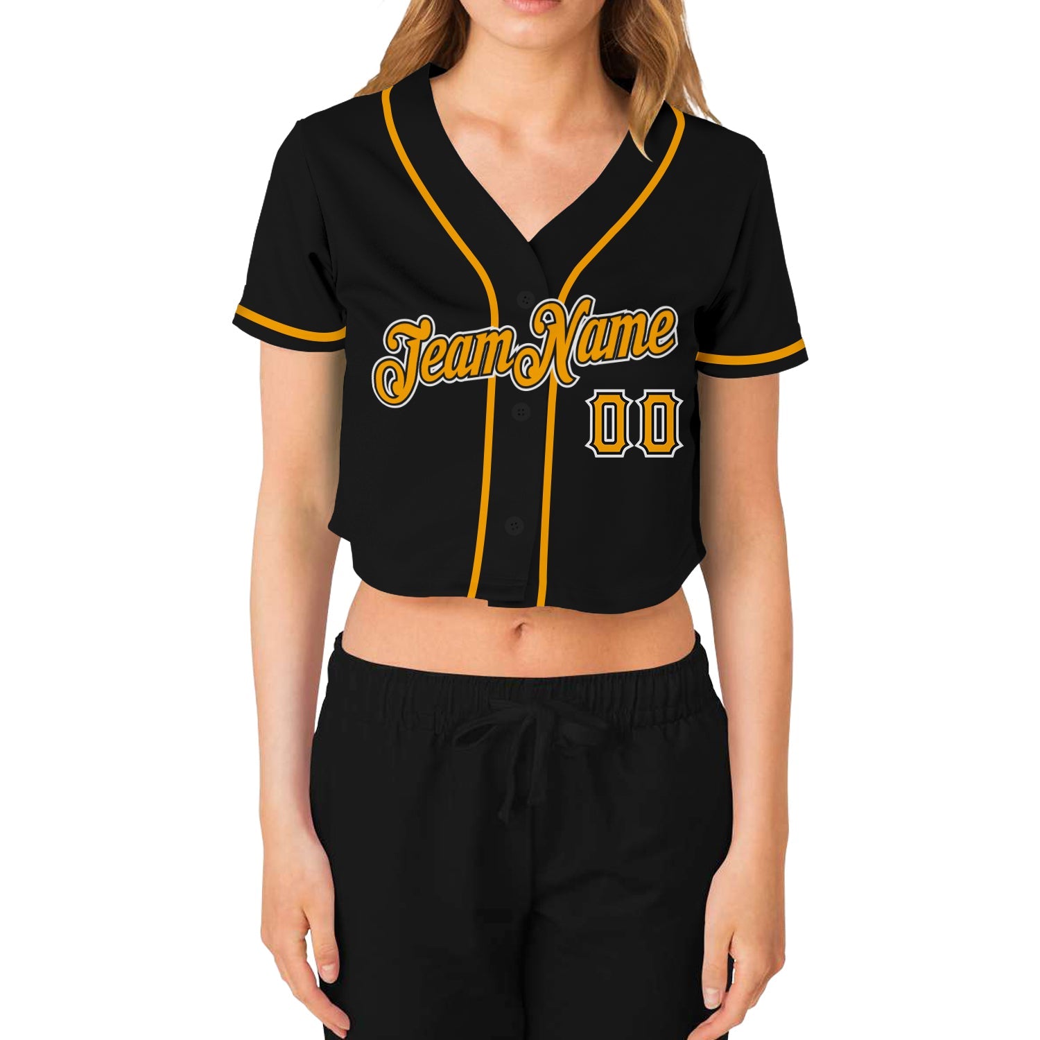 Custom Women's Black Gold-White V-Neck Cropped Baseball Jersey view 2