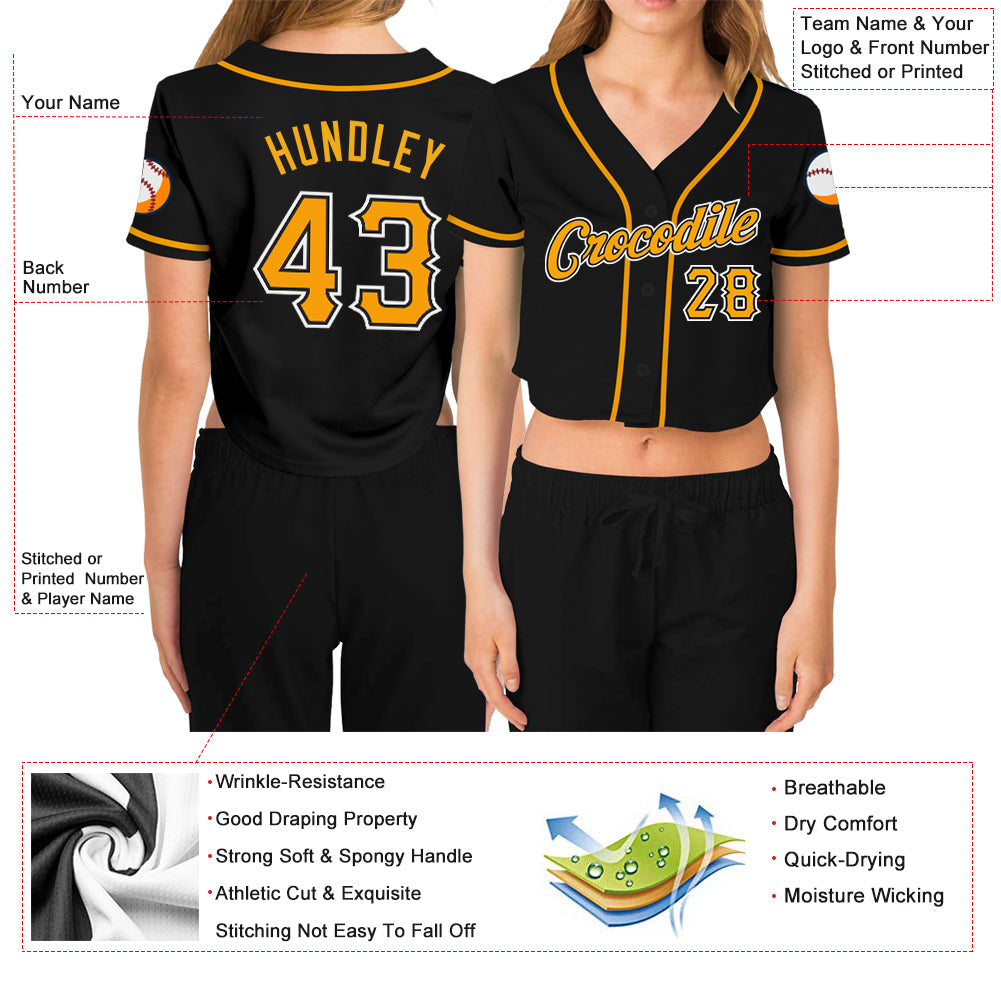 Custom Women's Black Gold-White V-Neck Cropped Baseball Jersey view 3
