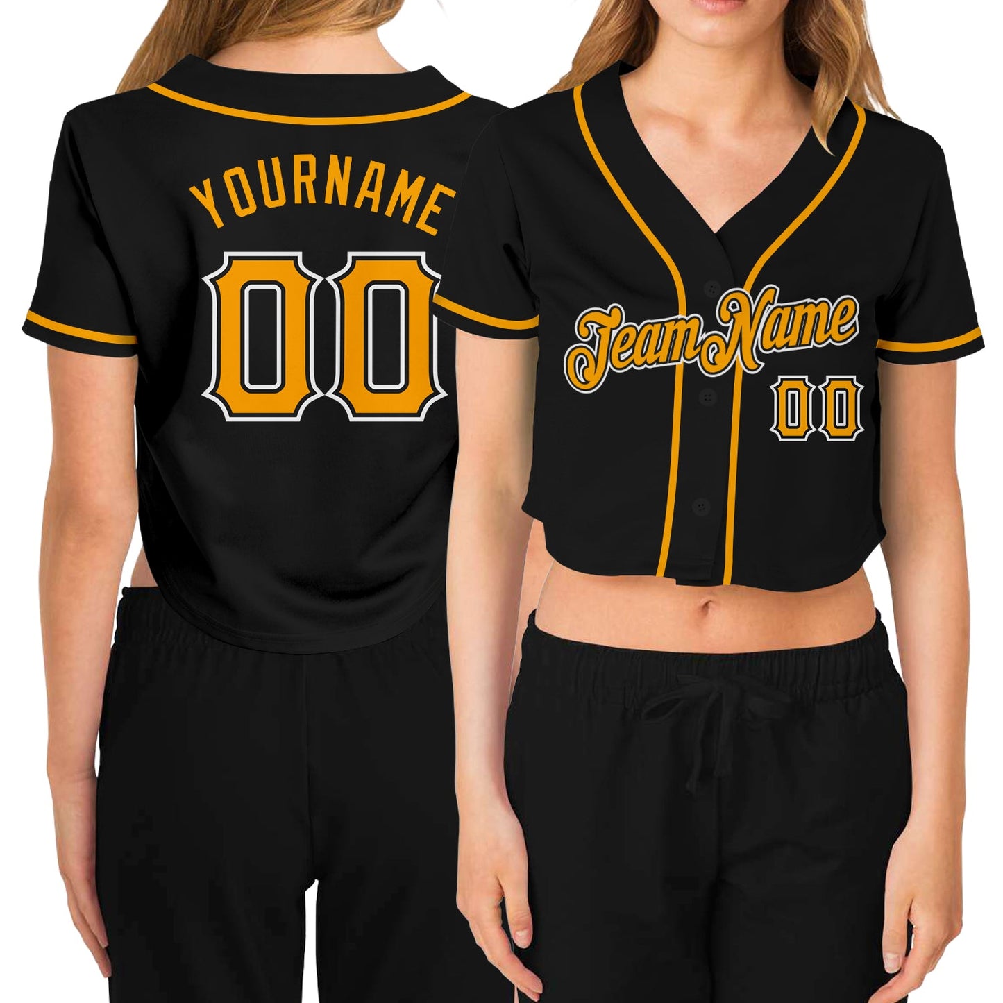 Custom Women's Black Gold-White V-Neck Cropped Baseball Jersey - Main View