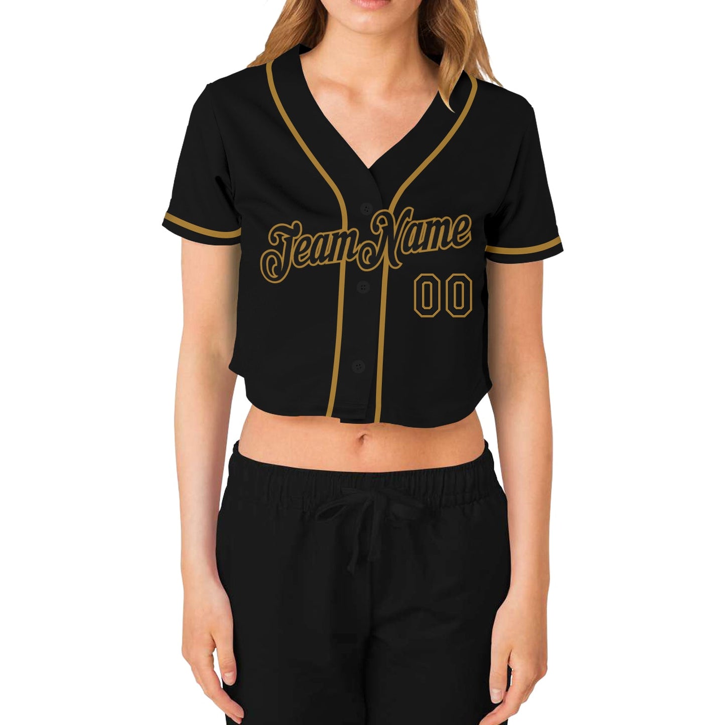 Custom Women's Black Black-Old Gold V-Neck Cropped Baseball Jersey view 2