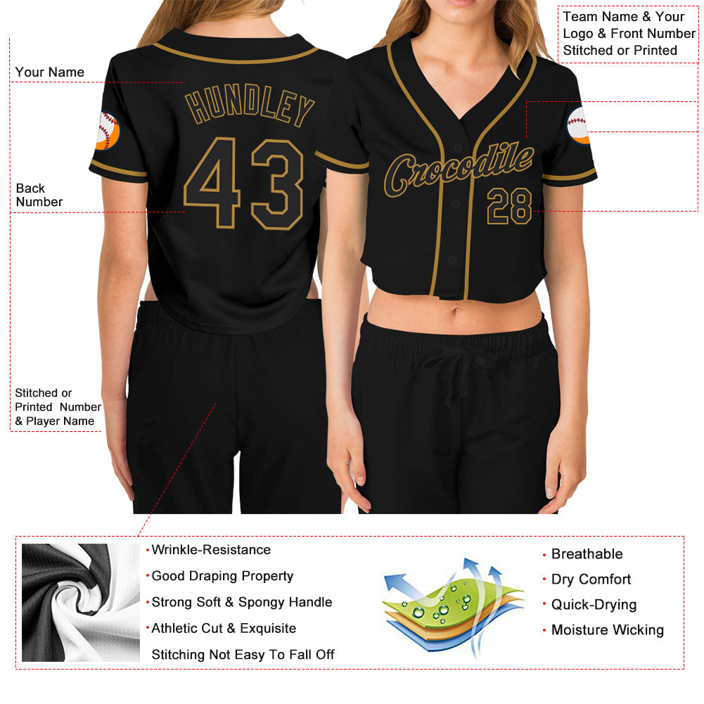 Custom Women's Black Black-Old Gold V-Neck Cropped Baseball Jersey view 3