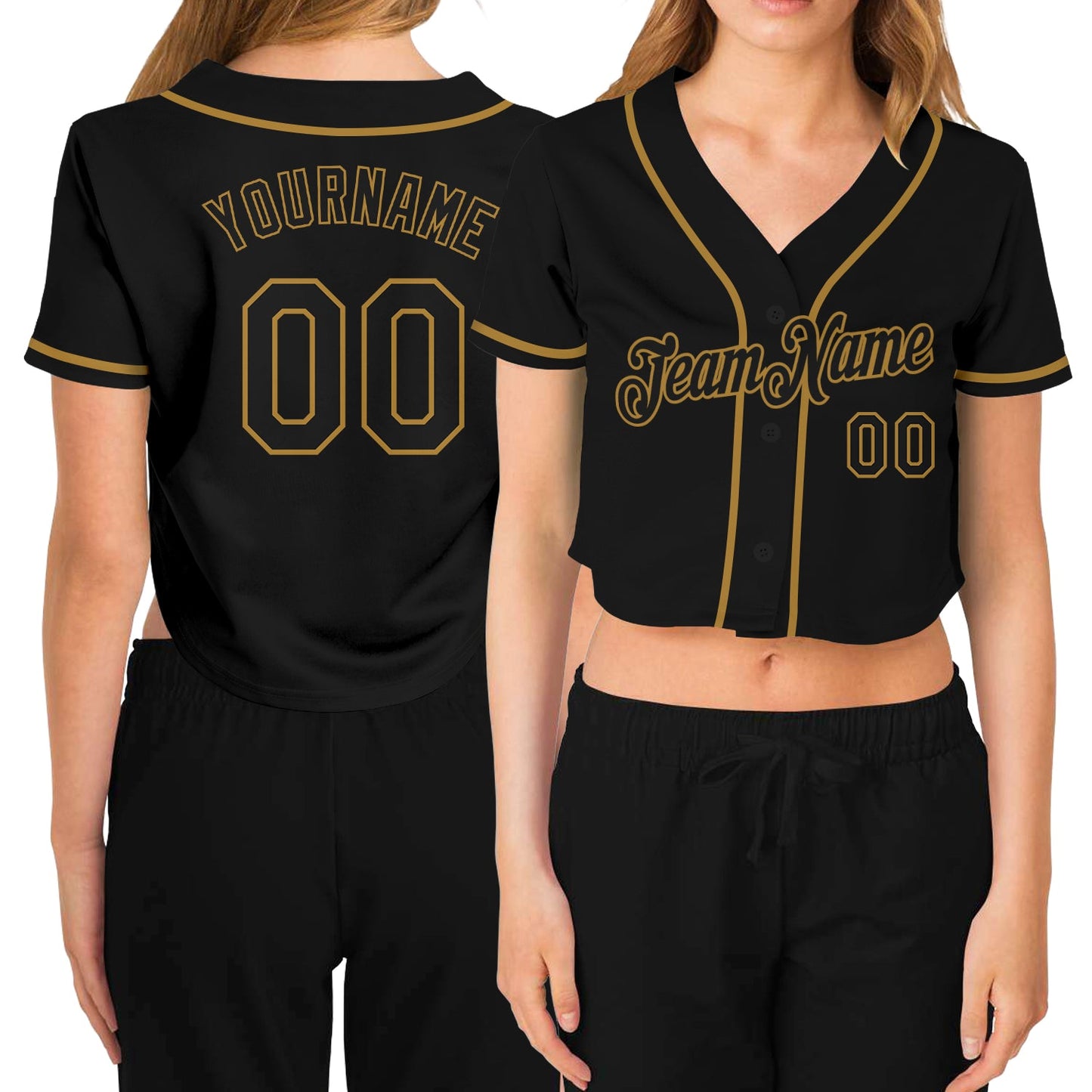 Custom Women's Black Black-Old Gold V-Neck Cropped Baseball Jersey - Main View